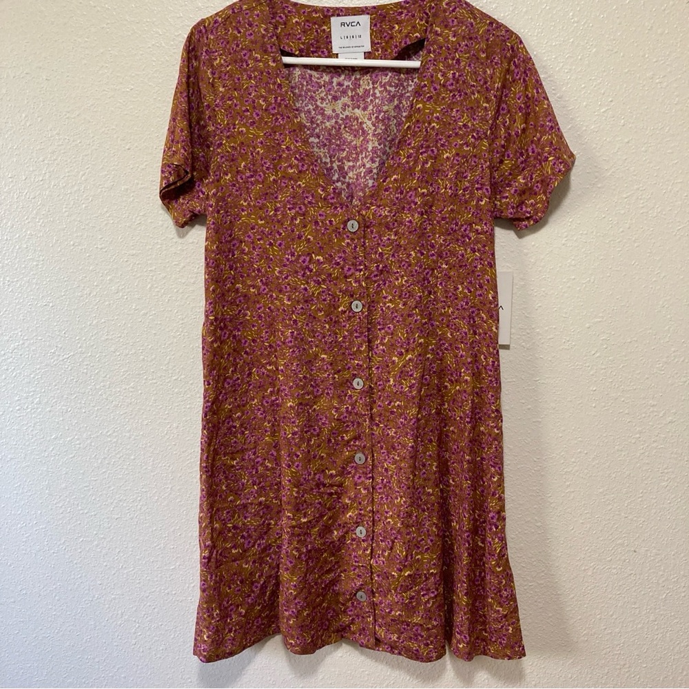 RVCA Floral Button-Down Mini Dress Short Sleeve V Neck Button Front Brown Lg/12